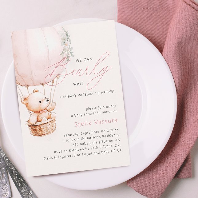 Teddy Bear Pink Hot Air Ballon Girl Baby Dusche Einladung (Teddy Bear Pink Hot Air Balloon Girl Baby Shower Invitation)