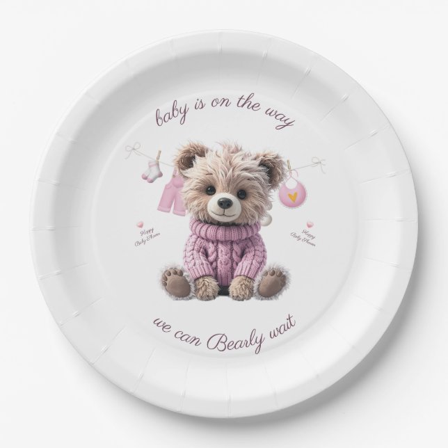 Teddy Bear pink jumper Happy Baby Shower Pappteller (Vorderseite)