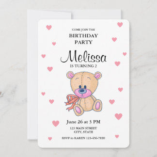 Teddy Bear Pink Little Girl Birthday Party Einladung