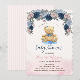 Teddy Bear Pink Stripes Babydusche Einladung