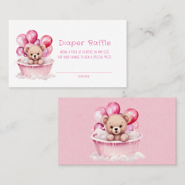 Teddy Bear Pink Tub und Balloon Girl Diaper Raffle Visitenkarte (Vorne/Hinten)