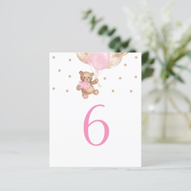Teddy Bear Pink und Gold Tischnummer Sign (Stehend Vorderseite)