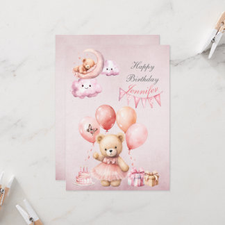 Teddy Bear Pink Wasserfarbe Mädchen Geburtstag Einladung