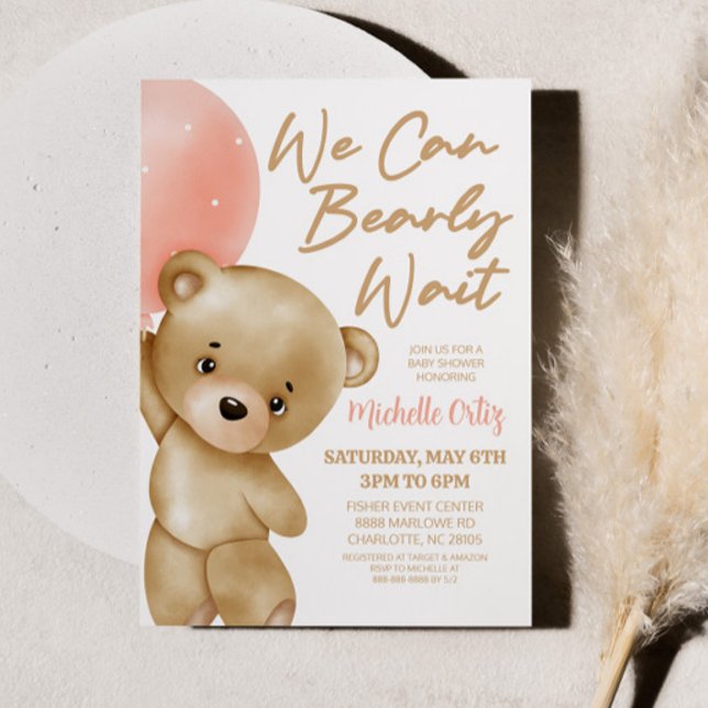 Teddy Bear Pink We Can Bearly Wait Baby Shower Einladung (Von Creator hochgeladen)