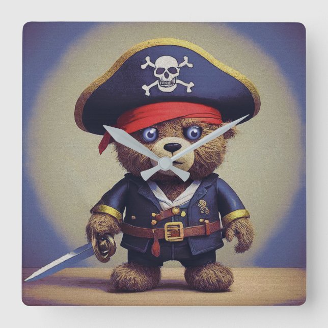 Teddy Bear Pirate Quadratische Wanduhr (Vorderseite)