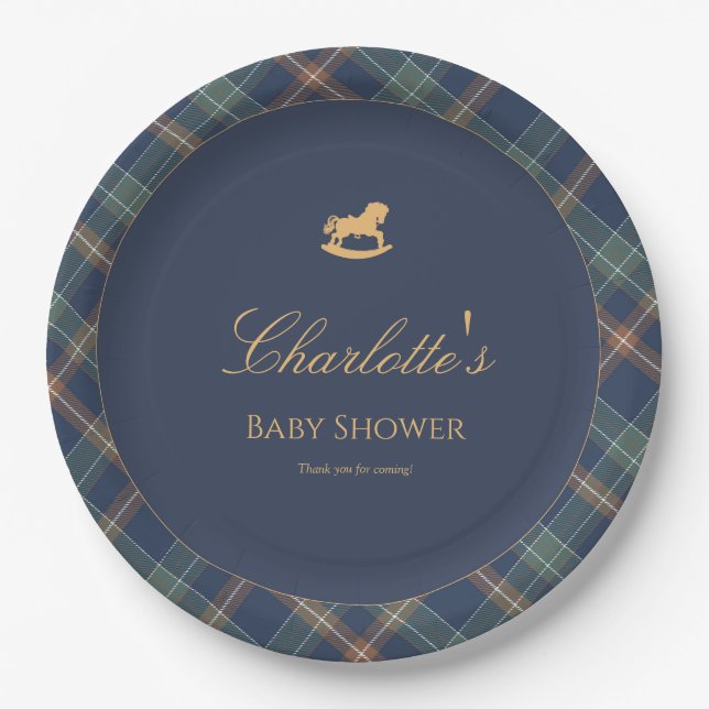 Teddy Bear Plaid Boy Baby Shower Paper Plate Pappteller (Vorderseite)