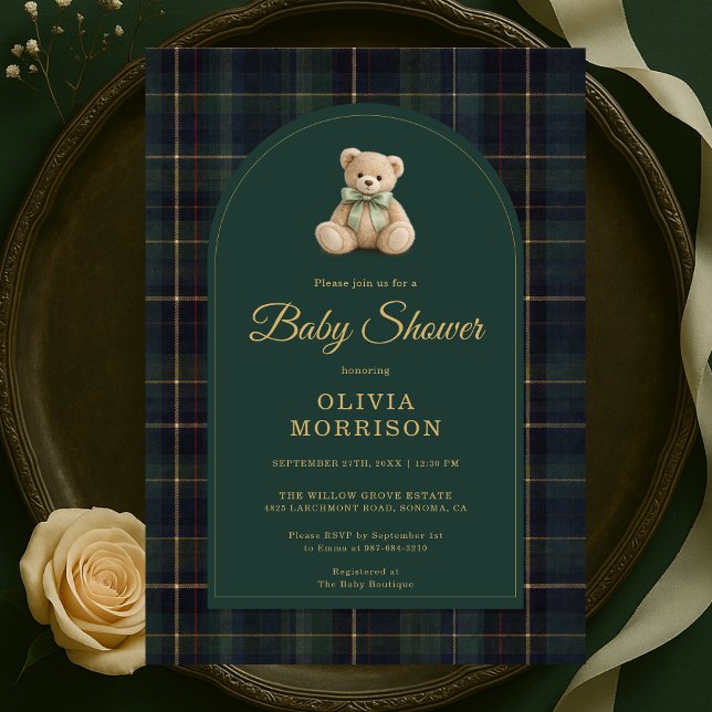 Teddy Bear Plaid Green Blue Tartan Baby Shower Einladung (Von Creator hochgeladen)