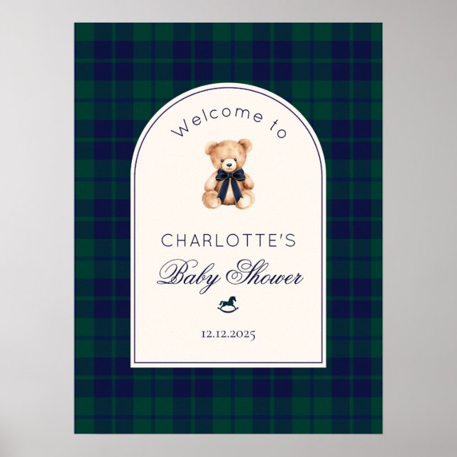 Teddy bear Preppy Plaid Baby Shower Welcome Poster (Vorne)
