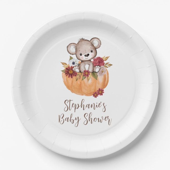 Teddy Bear Pumpkin Fall Floral Baby Dusche Pappteller (Vorderseite)
