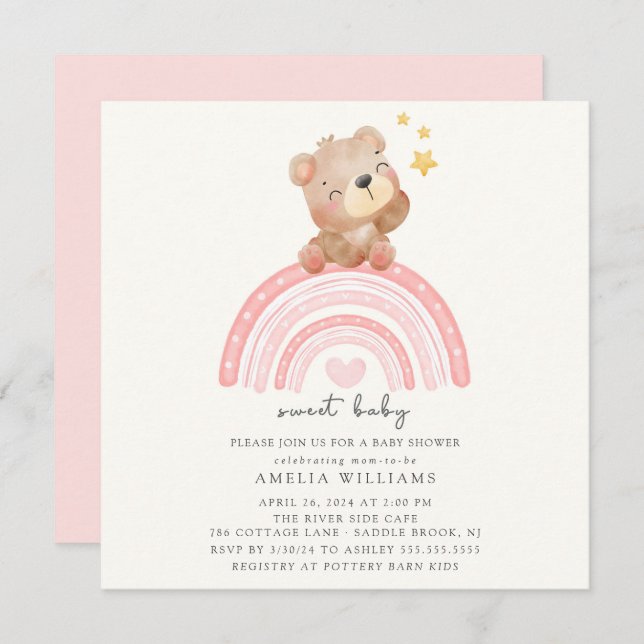 Teddy Bear Rainbow Baby Shower Einladung (Vorne/Hinten)
