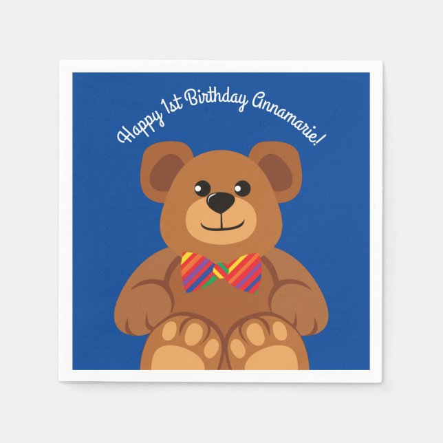 Teddy Bear Rainbow Niedlich 1. Geburtstag Party Serviette (Vorderseite)
