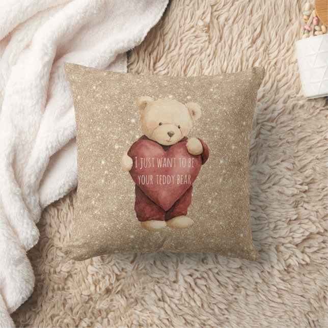 Teddy Bear Red Heart Gold Glitter Kissen (Decke)