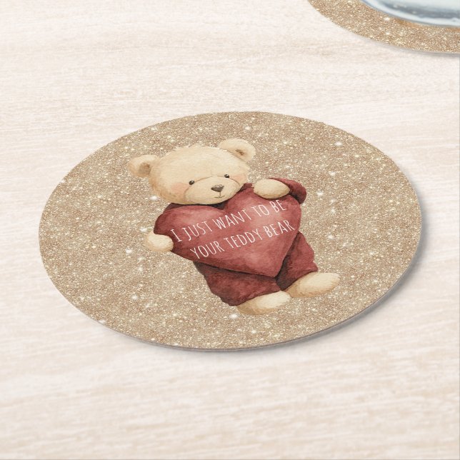 Teddy Bear Red Heart Gold Glitter Runder Pappuntersetzer (Angewinkelt)