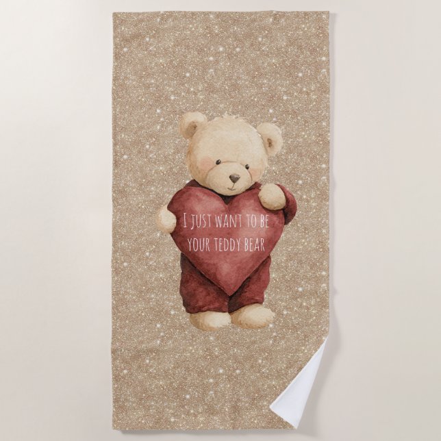 Teddy Bear Red Heart Gold Glitter Strandtuch (Vorderseite)