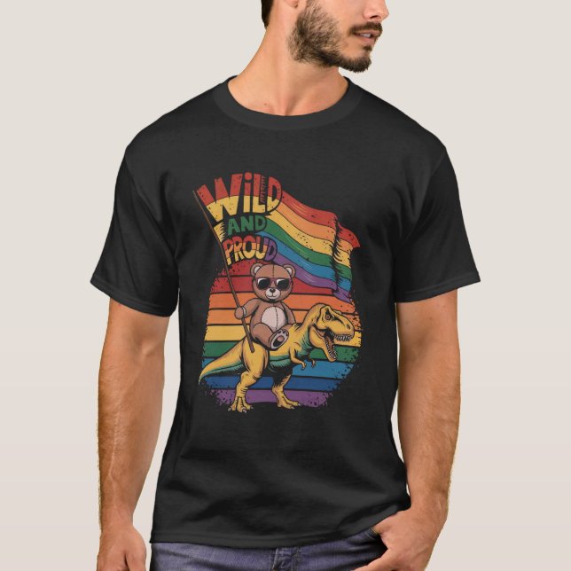 Teddy Bear reitet einen Dinosaurier mit Regenbogen T-Shirt (Vorderseite)