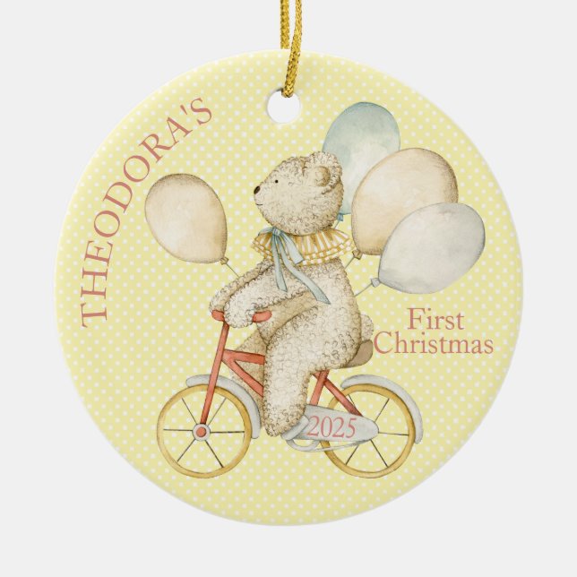 Teddy Bear Ride Bike Baby's First Keramik Ornament (Vorne)