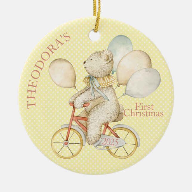 Teddy Bear Ride Bike Baby's First Keramik Ornament (Vorne)