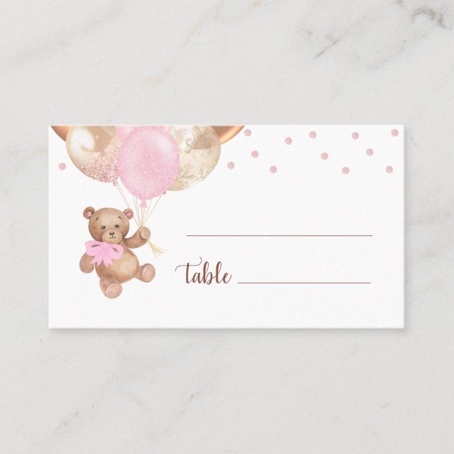 Teddy Bear Rose Gold Balloons Babydusche Platzkarte (Vorderseite)