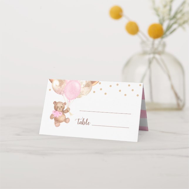 Teddy Bear Rose Gold Balloons Babydusche Platzkarte (Vorderseite)