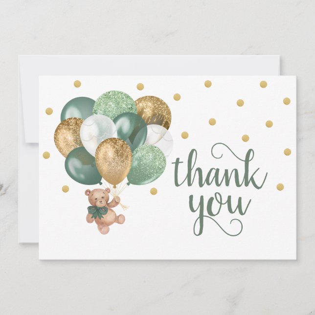 Teddy Bear Sage Green Baby Dusche Danke Karte (Vorderseite)