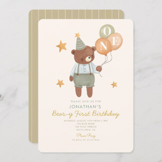 Teddy Bear Sage Green Beary Erster Geburtstag Einladung