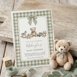 Teddy Bear Sage Green Gingham Bow Baby Shower Einladung