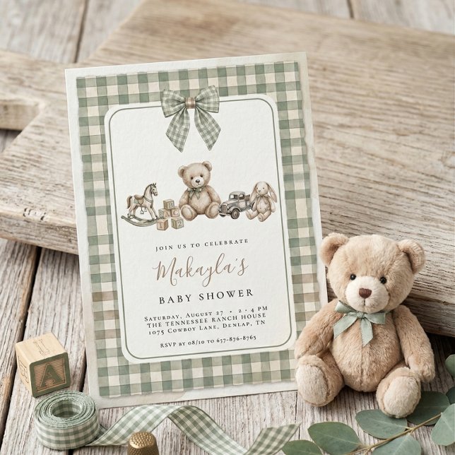 Teddy Bear Sage Green Gingham Bow Baby Shower Einladung (Von Creator hochgeladen)