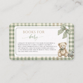 Teddy Bear SageGreen Gingham Books for Baby Shower Begleitkarte