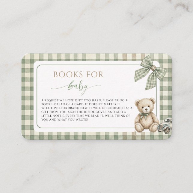 Teddy Bear SageGreen Gingham Books for Baby Shower Begleitkarte (Vorderseite)