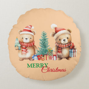 Teddy Bear Santa Red Green Frohe Weihnachts-Party Rundes Kissen