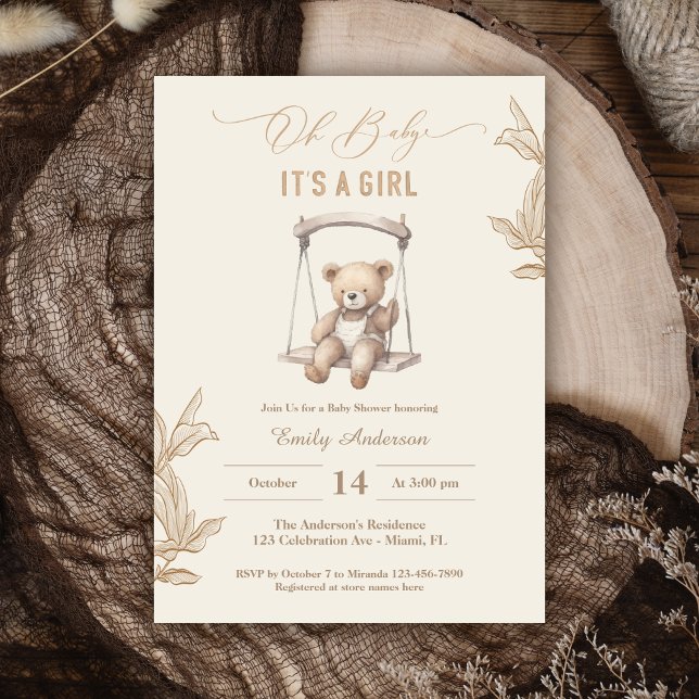 Teddy Bear Script Boho Baby Shower Girl Einladung (Von Creator hochgeladen)