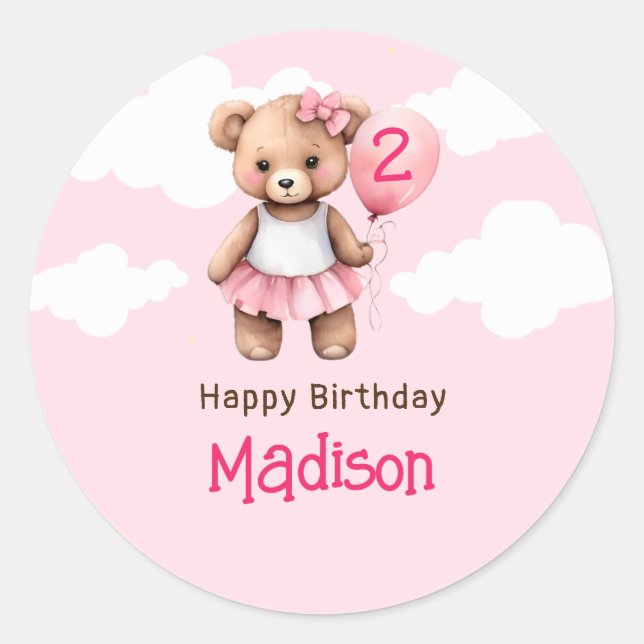 Teddy Bear Second Birthday Round Stickers (Vorderseite)