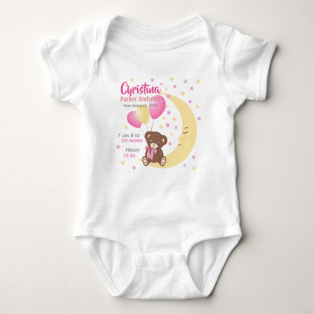 Teddy Bear sitzt auf dem Mond Baby Birth Stats Baby Strampler (Vorderseite)