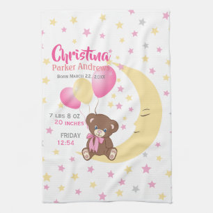 Teddy Bear sitzt auf dem Mond Baby Birth Stats Geschirrtuch