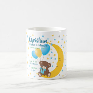 Teddy Bear sitzt auf dem Mond Baby Birth Stats Kaffeetasse
