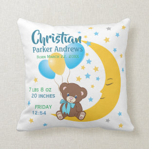 Teddy Bear sitzt auf dem Mond Baby Birth Stats Kissen