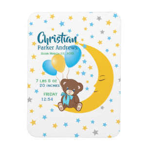 Teddy Bear sitzt auf dem Mond Baby Birth Stats Magnet