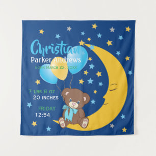 Teddy Bear sitzt auf dem Mond Baby Birth Stats Wandteppich