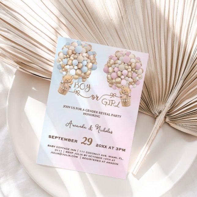 Teddy Bear Soft Pink & Blue Balloons Gender Reveal Einladung (Von Creator hochgeladen)