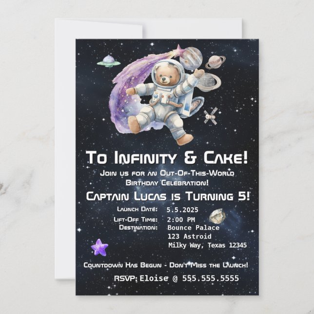 Teddy Bear Space-Themed Kindergeburt Einladung (Vorderseite)