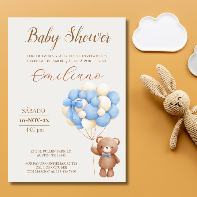 Teddy Bear Spanish Baby Dusche Balloons Einladung (Teddy Bear Spanish Baby Shower Balloons Invitation)