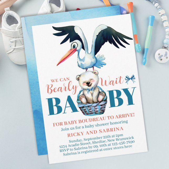 Teddy Bear Stork Bearly There Blue Baby Dusche Einladung (Von Creator hochgeladen)