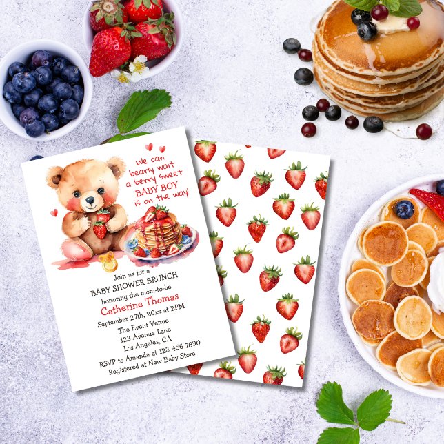 Teddy Bear Strawberry Pancake Brunch Babydusche Einladung (Von Creator hochgeladen)
