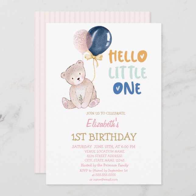 Teddy Bear Striped Hello Little One Geburtstag Einladung (Vorne/Hinten)
