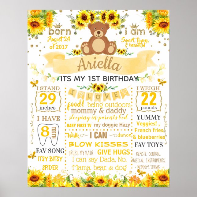 Teddy Bear Sun Flower Geburtstagspartafel Poster (Vorne)