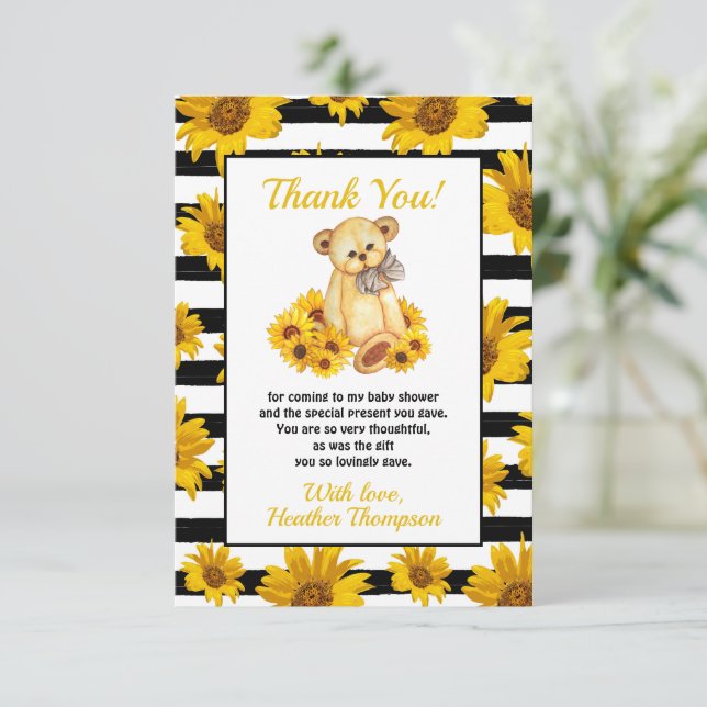 Teddy Bear Sunflower Baby Dusche Dankeskarte (Stehend Vorderseite)