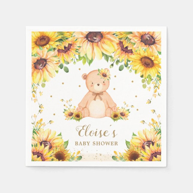 Teddy Bear Sunflower Baby Showday Party Serviette (Vorderseite)