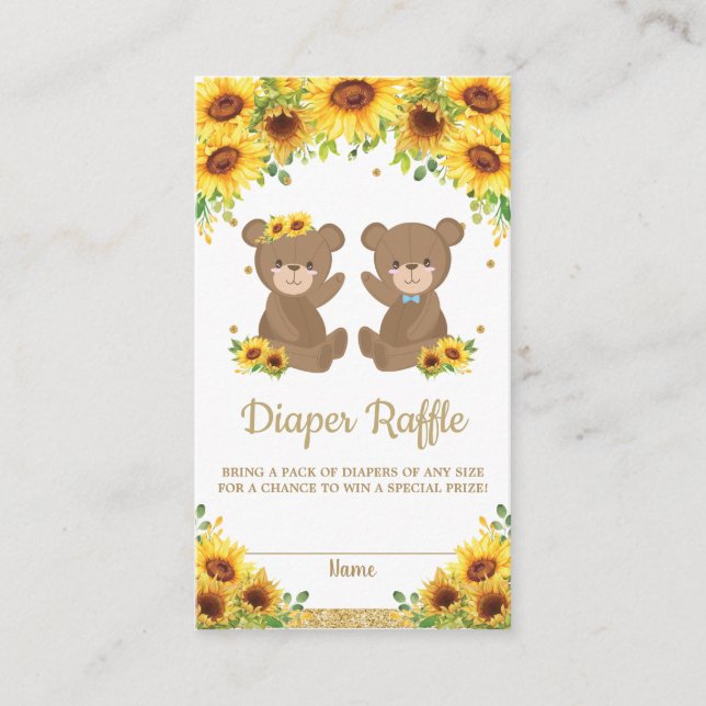 Teddy Bear Sunflower Twins Boy Girl Diaper Raffle Begleitkarte (Vorderseite)