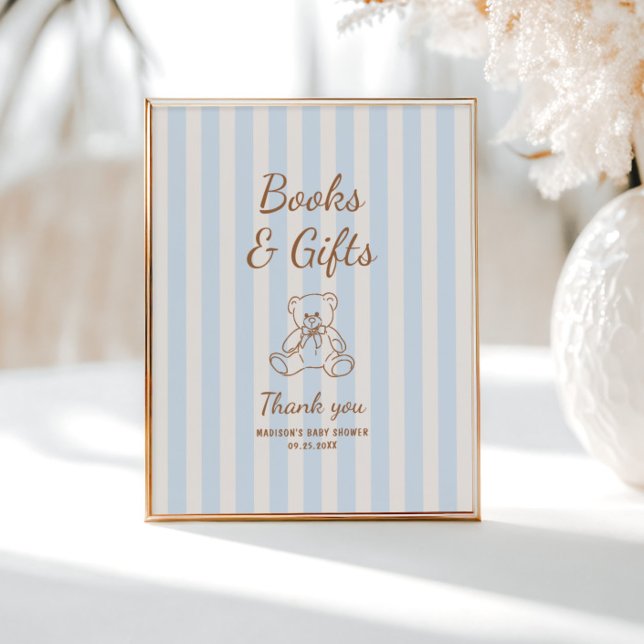 Teddy Bear Tan Blue Stripes Baby Dusche Poster (Von Creator hochgeladen)