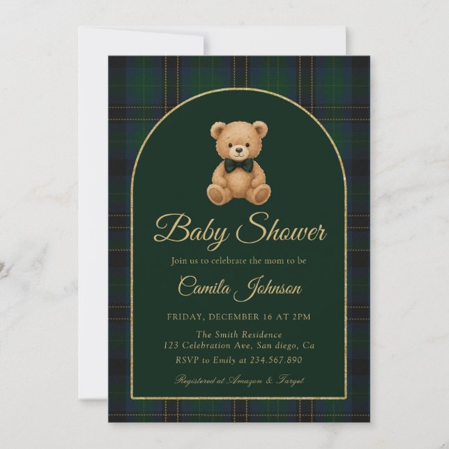 Teddy Bear Tartan Preppy Baby Shower Invitation Einladung (Vorderseite)